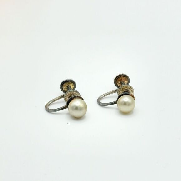 Vintage Sterling Silver Cultured pearl earrings - Picture 1 of 10